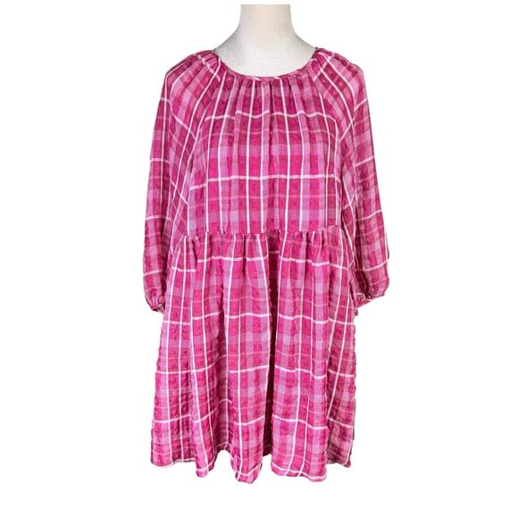 Madewell Azalea Pink & White Plaid Shirred Pockets Babydoll Summer Mini Dress - Picture 4 of 14